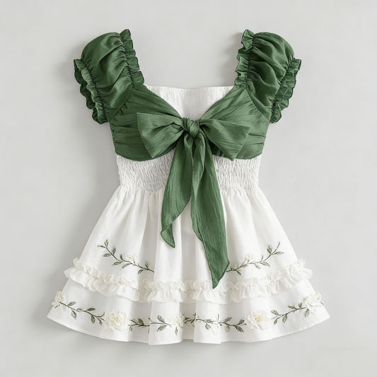 Green White Floral Bow Mini Dress