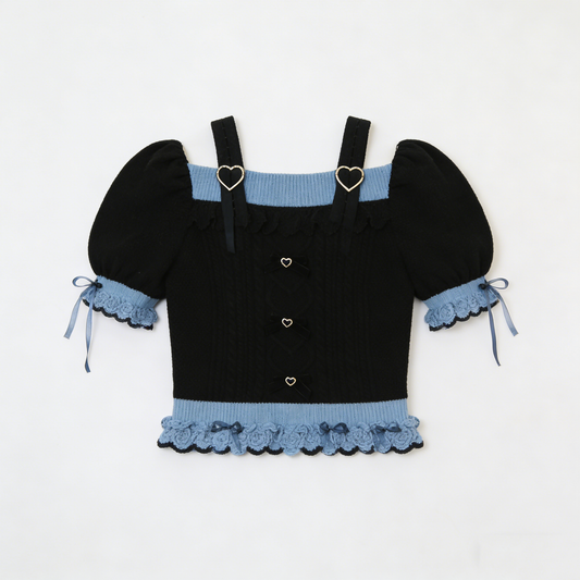 Black Blue Heart Knit Top