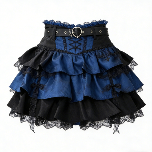 Navy Black Lace Ruffle Skirt