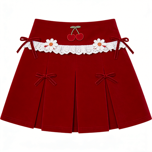 Red Cherry Daisy Pleated Skirt