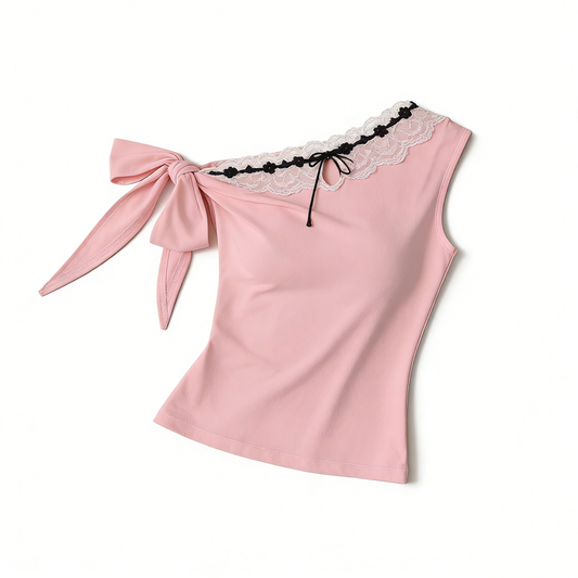 Pink One Shoulder Bow Top