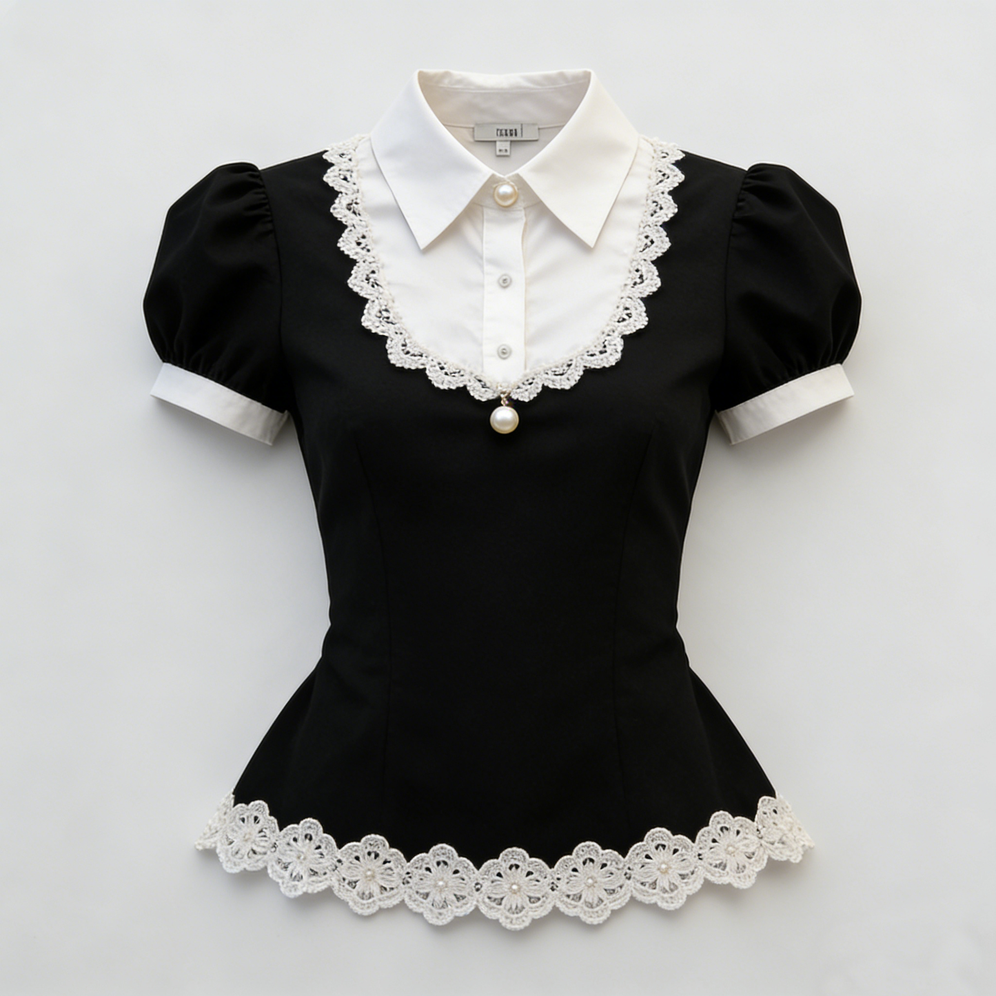 Black White Pearl Lace Blouse