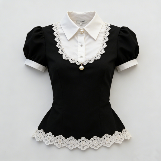 Black White Pearl Lace Blouse