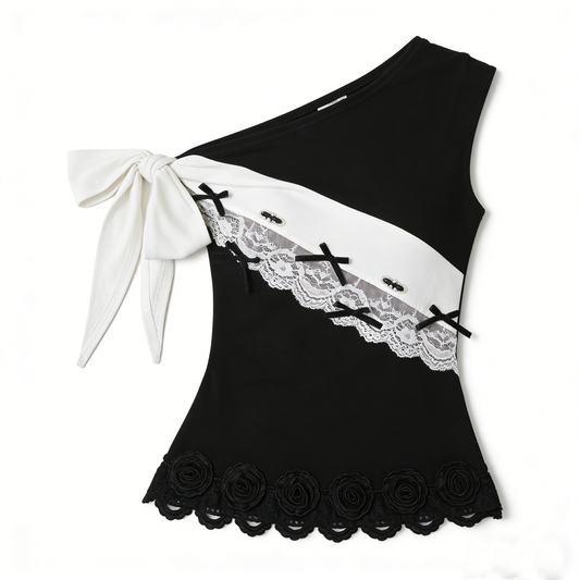 Black White One Shoulder Bow Lace Top