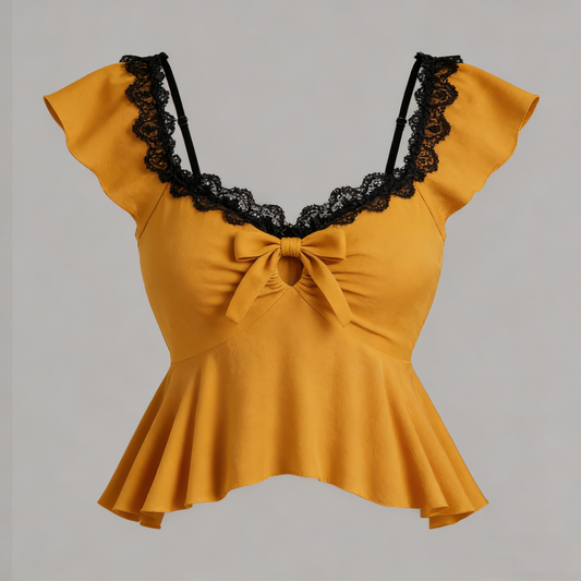 Mustard Yellow Bow Lace Top