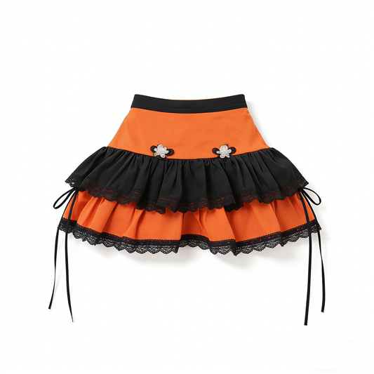 Orange Black Lace Ruffle Skirt