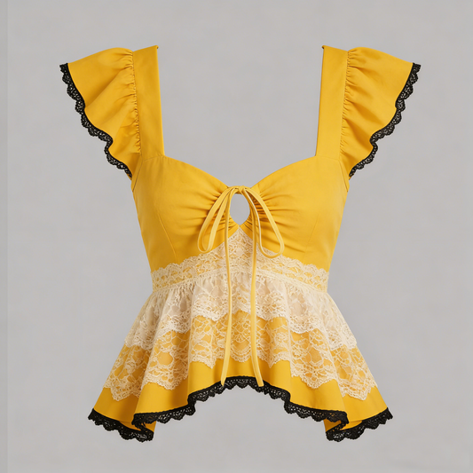 Yellow White Lace Peplum Top