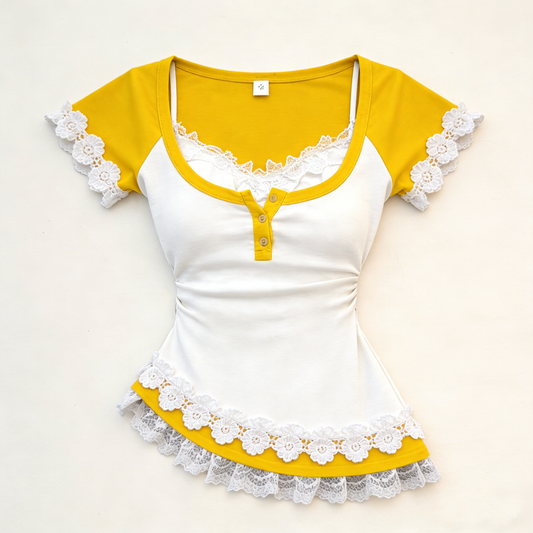 Yellow White Floral Lace Tee