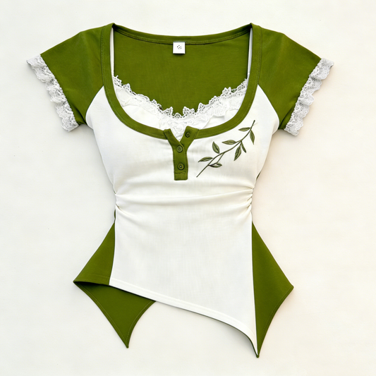 Green White Leaf Embroidered Tee