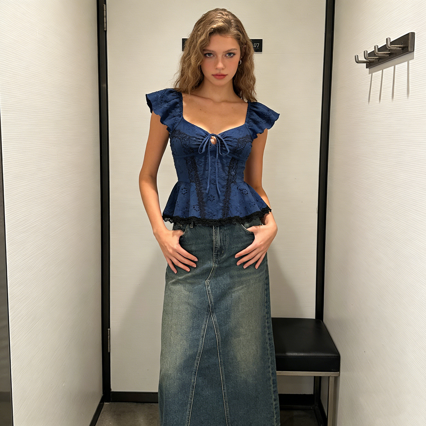 Navy Blue Lace Peplum Top