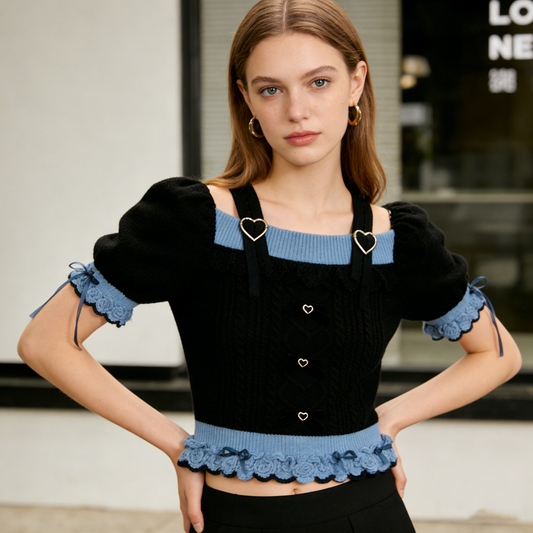 Black Blue Heart Knit Top