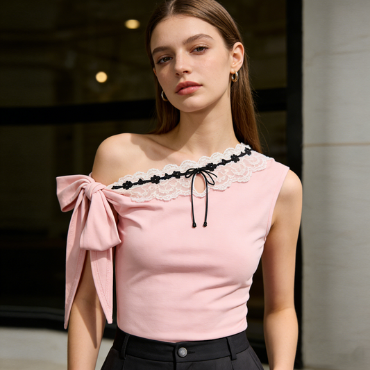 Pink One Shoulder Bow Top
