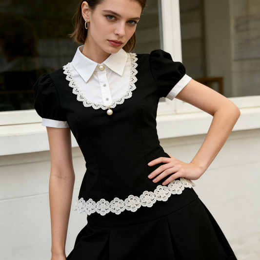 Black White Pearl Lace Blouse