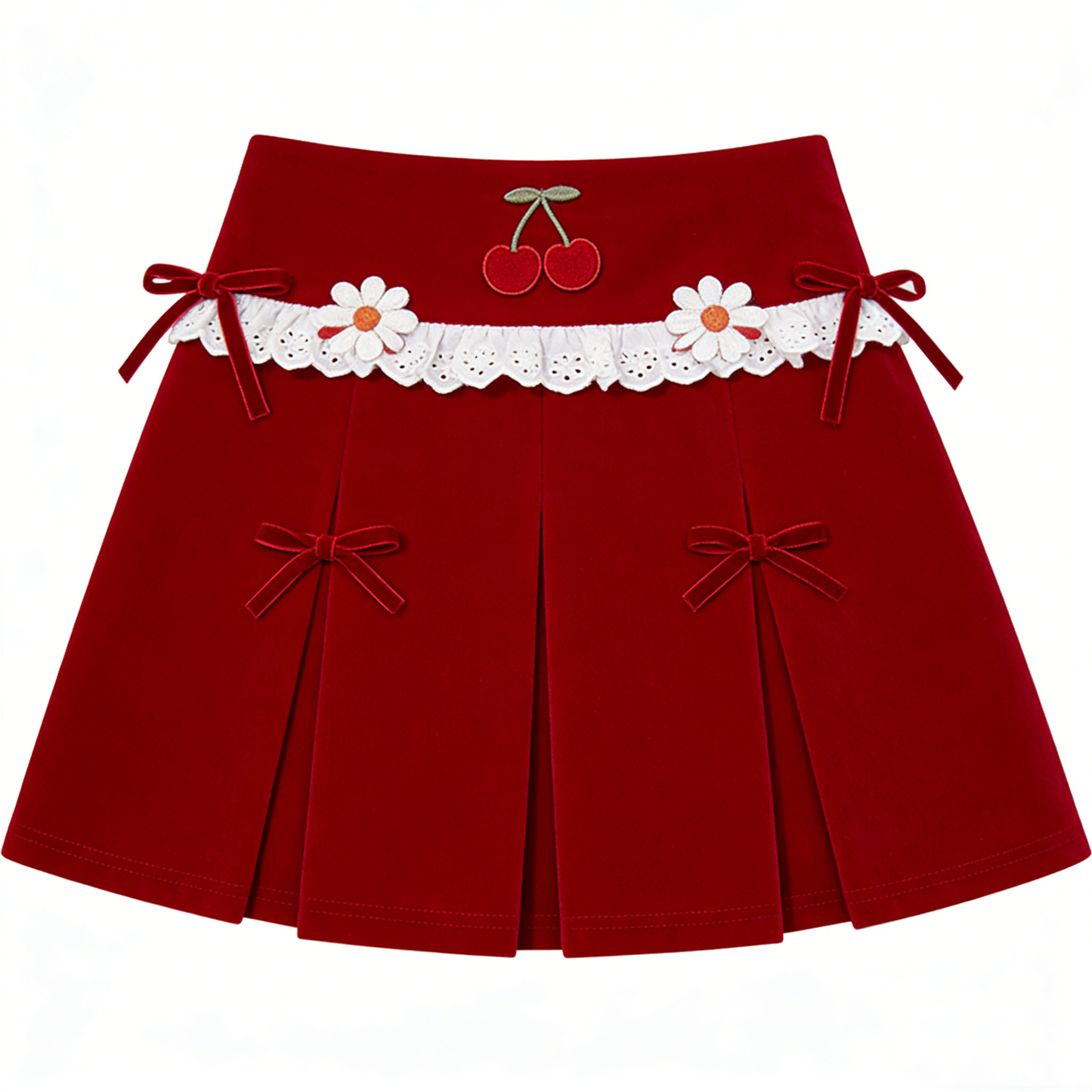 Red Cherry Daisy Pleated Skirt