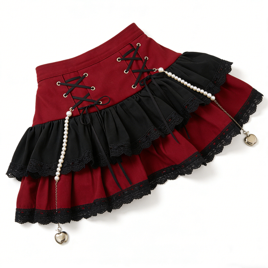 Red Black Lace Ruffle Skirt
